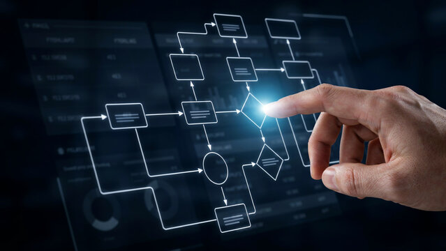 Business professional pointing at glowing algorithmic flowchart and data process diagram on interactive digital analytics display