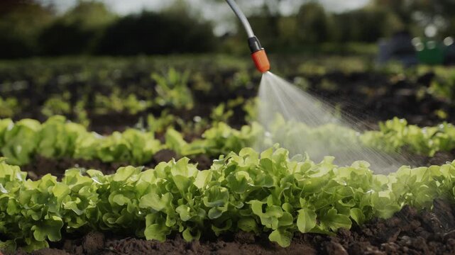 A close-up view of fresh lettuce plants in a garden being watered by an automated irrigation sprayer in slow motion.
