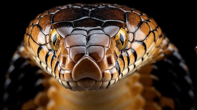 Close up shot of snake head with yellow eyes staring forward. Reptile scales show detailed texture in dark background. Predator looks intense, dangerous hunting in wild nature. Venomous serpent gaze