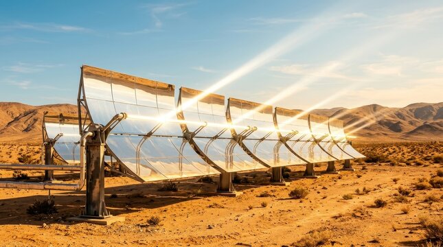 Row of Concentrated Solar Power CSP parabolic trough collectors in a desert landscape under bright sunlight