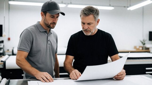 Mature print shop owner, young employee discuss signage design. Professional technician shows paper plan to client in modern printing studio. Two men review project details, look at documents, work