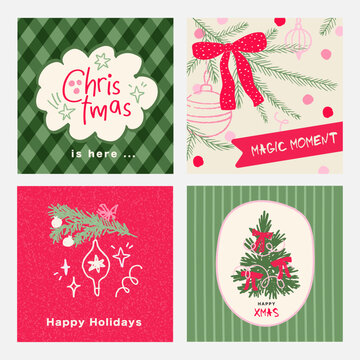 xmas event set of greeting cards, textured, doodles, flat design,  vector illustrations