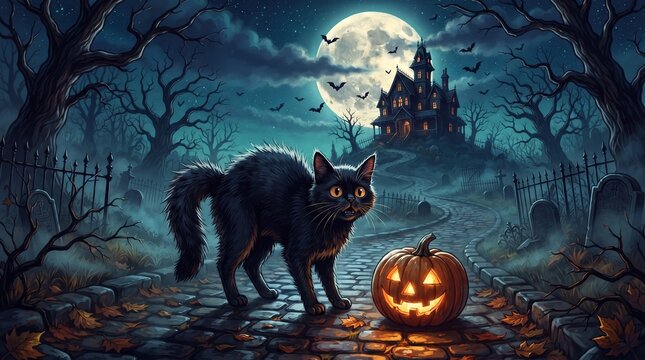 Spooky Halloween Background with Black Cat, Jack O Lantern, and Haunted House