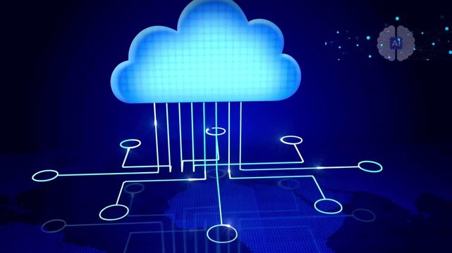 Blue cloud computing concept with digital circuit network and world map background for technology and AI applications