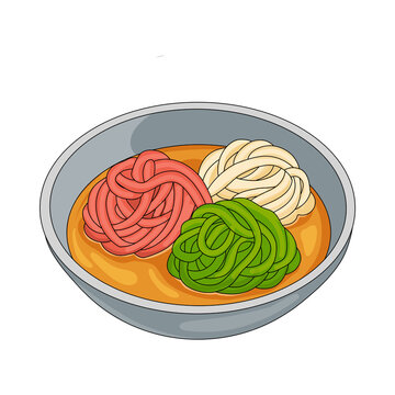 Traditional Indonesian putu mayang made from colorful rice flour noodles, served with coconut milk and palm sugar syrup.