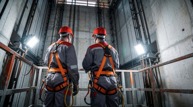 Two male technicians wear safety harnesses, helmets for inspection. Professional workers check elevator shaft at construction site. Men use protective gear performing maintenance on lift mechanism in