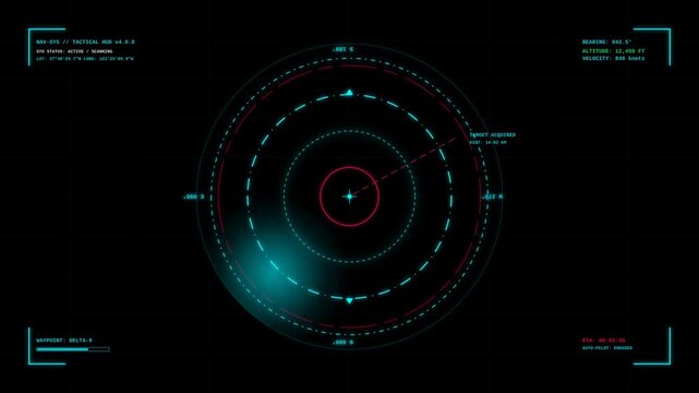 Futuristic Digital Radar HUD Screen Scanning for Targets in a Dark Background Environment Interface