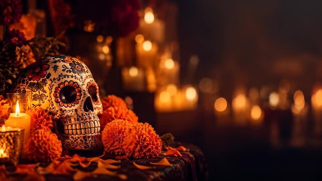 Decorated sugar skull with marigolds and candle bokeh, Day of the Dead with copy space