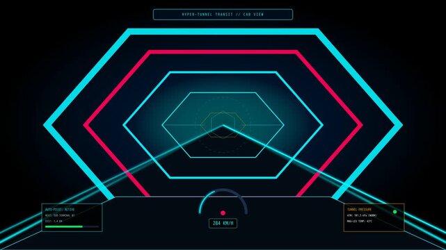 Futuristic Hyperloop Train Cockpit Interface with Speed Display and Digital Tunnel Navigation Data