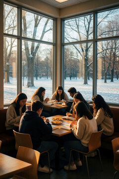 Group of diverse college students sit at cafeteria table studying, eating lunch. Young people use notebooks, books near large windows in winter. Students relax, socialize in university canteen