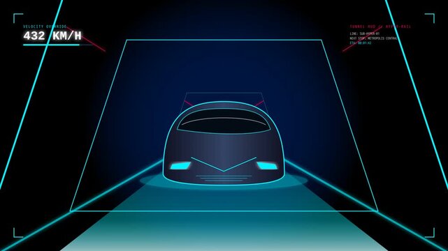 Futuristic Hyperloop Train Traveling at High Speed Through a Digital Tunnel Virtual Reality Interface