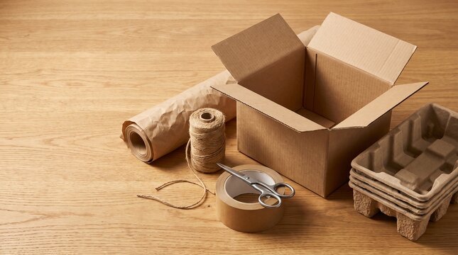 Eco friendly packaging materials with recycled cardboard box, molded paper inserts, kraft paper and natural twine