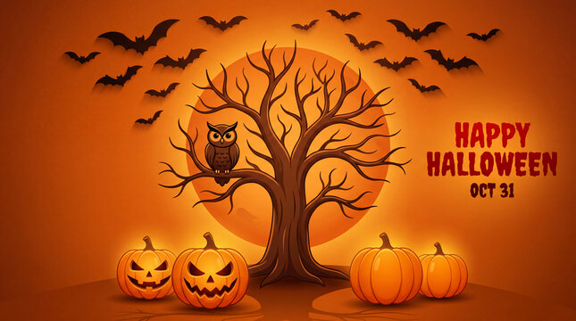 Spooky Halloween background featuring glowing jack o lanterns, bare tree silhouettes, hooting owl, and flying bats under bright full moon