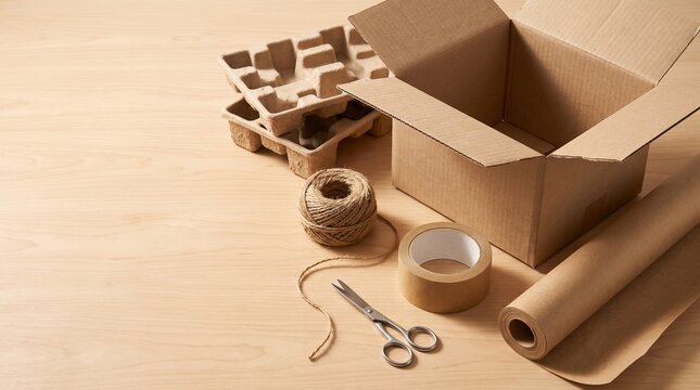 Eco friendly packaging materials with recycled cardboard box, molded paper inserts, kraft paper and natural twine