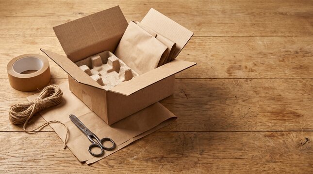 Eco friendly packaging materials with recycled cardboard box, molded paper inserts, kraft paper and natural twine