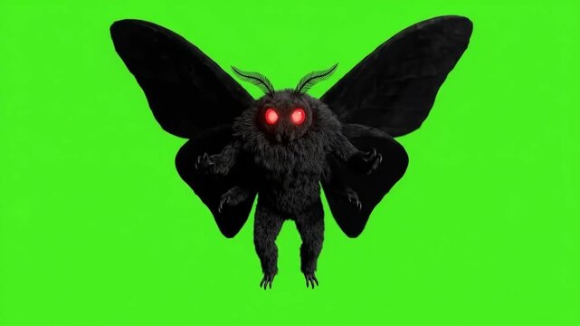 Scary 4K Mothman Cryptid Creature Flying with Glowing Red Eyes Isolated on Green Screen for Compositing
