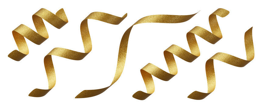 Luxury gold metallic glitter ribbon element set flowing isolated on transparent background 3D render