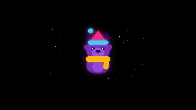 Cute purple bears wearing winter hats and scarves on black background
