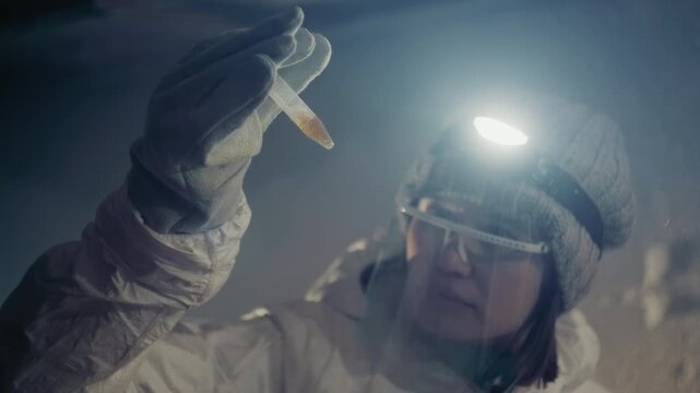 Technician inspects thawing sample under headlamp in icy bunker white protective suit and clear visor, careful gloved movements hold small vial, precise method and dropper technique, focused lab