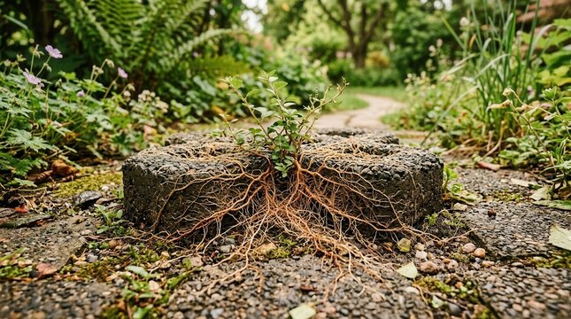 Vibrant plant roots breaking through concrete on a garden path, showcasing nature's resilience and growth.