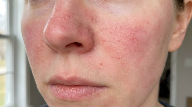 Rosacea Skin Flare-up: Close-up of a woman's face showing the redness and inflammation characteristic of a rosacea flare-up, highlighting facial skin conditions.