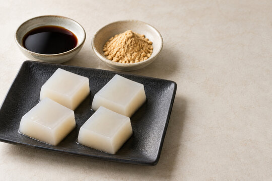Japanese kuzumochi with kuromitsu syrup and kinako