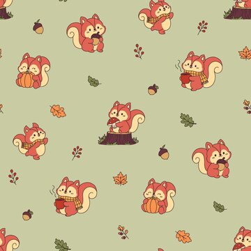 Cute Autumn Squirrel Seamless Pattern with Fall Leaves, Acorns and Pumpkins, Hand Drawn Woodland Animal Background
