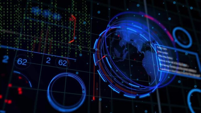 Futuristic digital HUD interface with a rotating globe, binary code streaming, and data analytics graphs