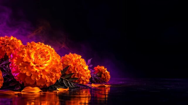 Orange marigold flowers glowing on dark reflective floor, Day of the Dead with copy space