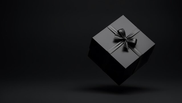 Floating black gift box with decorative bow on dark background
