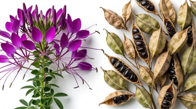 Purple cleome flower, dried seed pods on white background. Botanical closeup of purple blossom, black seeds in brown capsules. Garden plant life cycle, organic flora, spring nature, minimalist