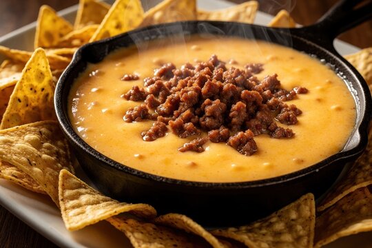 Steaming hot queso fundido in cast iron skillet topped with chorizo sausage. Crispy tortilla chips surround melted cheese dip. Mexican party food served on white plate. Delicious hot appetizer for