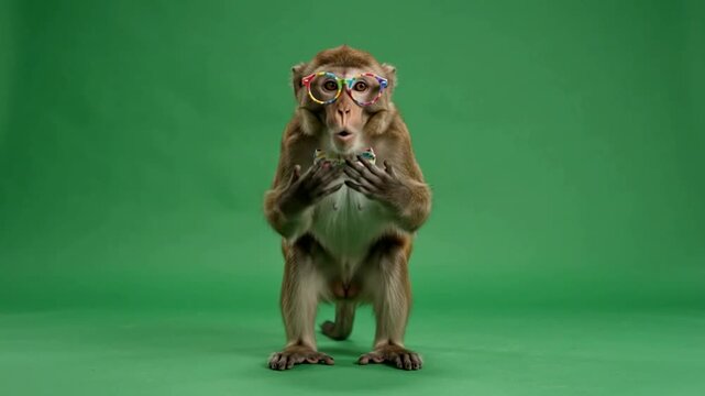 Funny monkey wearing colorful heart shaped glasses standing against a plain green studio background