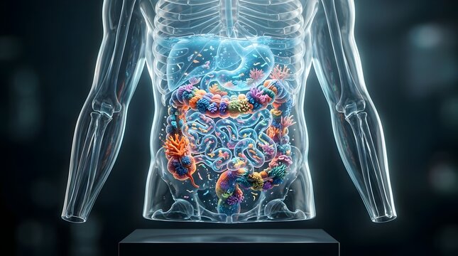 Human digestive system with colorful microbiome bacteria inside transparent human body 3D render
