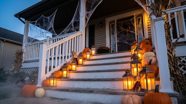 Decorated front porch steps with pumpkins and glowing lanterns for autumn holiday celebration at dusk with residential house decorated