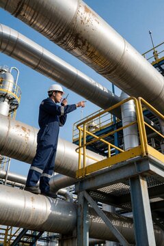 Male engineer in blue uniform, white hard hat stands on industrial metal walkway. Worker uses walkie-talkie radio, points at large steel pipes. Petrochemical plant technician inspects gas pipeline