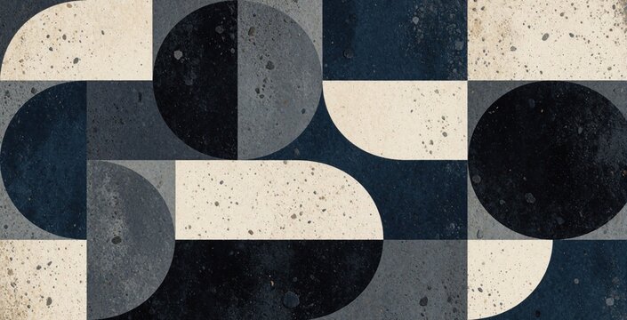 Modern geometric retro wallpaper design with cement texture, ceramic wall tile pattern. Abstract shapes in blue, grey, white create vintage mosaic background. Elegant patchwork decoration suitable