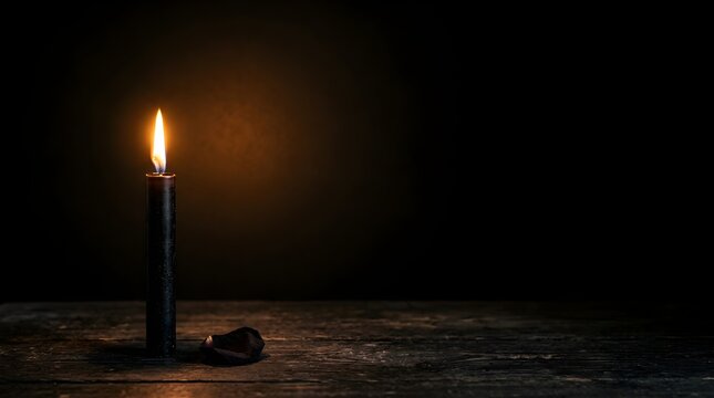 Single black taper candle burning with a bright warm flame on a rustic wooden table beside a dried rose petal on dark background.