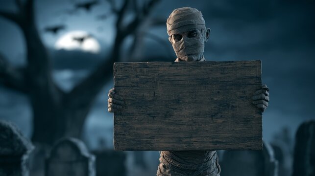 Mummy holding an empty wooden sign in a cemetery at night with the moon.