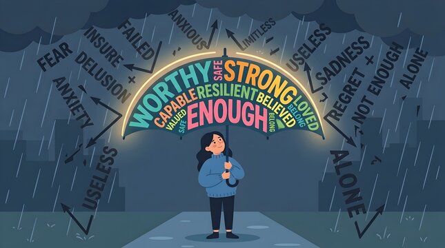 Person holding glowing umbrella under negative thoughts with positive affirmations vector illustration