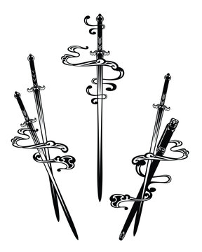 ancient chinese jian long swords with scabbard and swirling cloud wisps curling around - traditional asian martial arts black and white vector design set