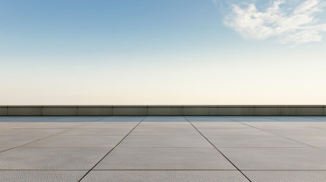 An empty minimalist white tiled terrace with a gradient pure sky in the background.