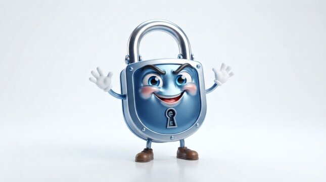 Funny cartoon padlock character with a mischievous smile and waving hands, representing security and protection in a playful way