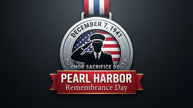 Pearl Harbor Remembrance Day medal with soldier salute honoring December 7, 1941 attack on studio background