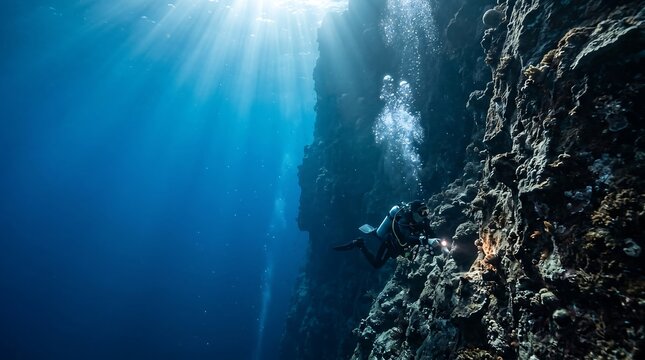 Scuba Diver Exploring Underwater Coral Reef Wall with Light Rays