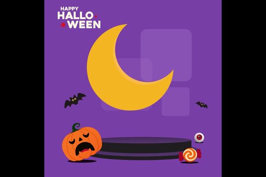 Square Halloween animation featuring an empty display platform, crescent moon, bats, pumpkin, candy, and eyeball decorations