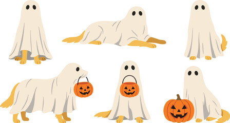 Fototapeta premium Cute Halloween Ghost Dog Collection with Spooky Sheet Costumes, Pumpkin Decorations, Playful Poses, Friendly Spirits, and Festive Autumn Characters