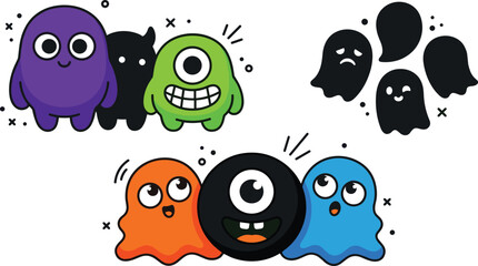 Obraz premium Cute Halloween Monster and Ghost Character Collection with Colorful Cartoon Creatures, Spooky Spirits, Funny Faces, and Playful Expressions