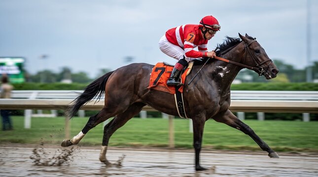 Jockey Riding Thoroughbred Racehorse at Full Gallop on Racetrack