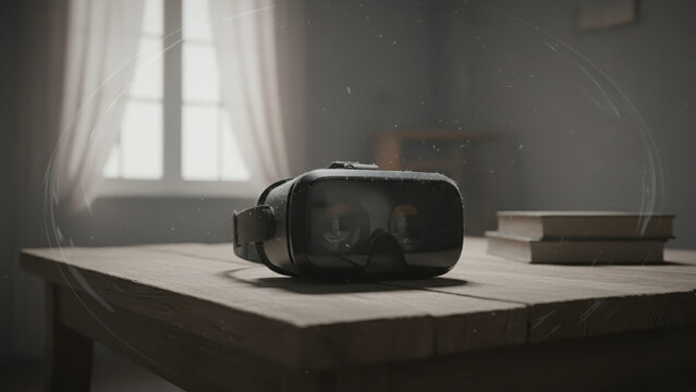 Virtual Reality Headset Resting on Wooden Table Inside Room